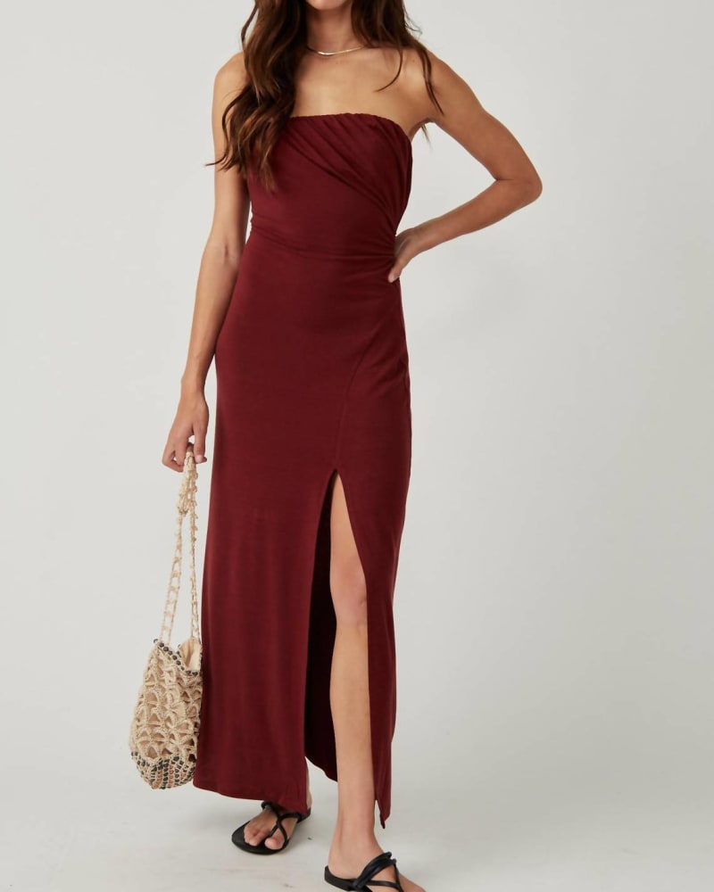 Front of a model wearing a size Large Hayley Midi Dress In Russet Acorn in Russet Acorn by Free People. | dia_product_style_image_id:342286
